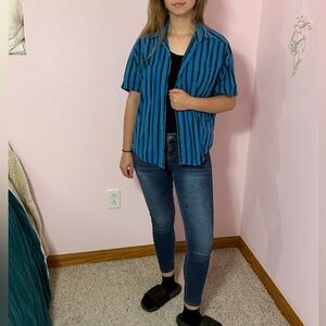 Vintage Striped Button Down Blue & Black Shirt Size Small